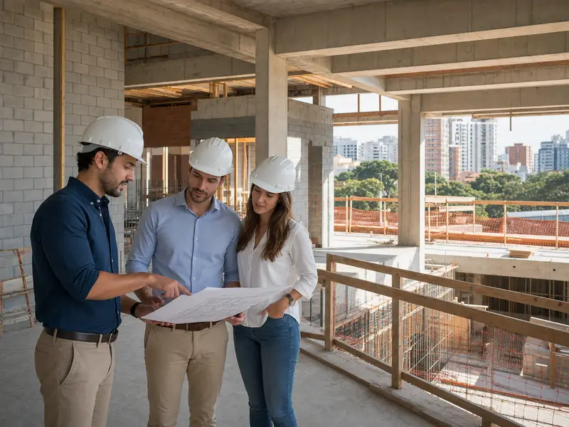 Gerente de obra explicando projeto para clientes em canteiro residencial