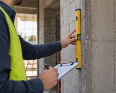 Engenheiro verificando nivelamento de parede em obra residencial