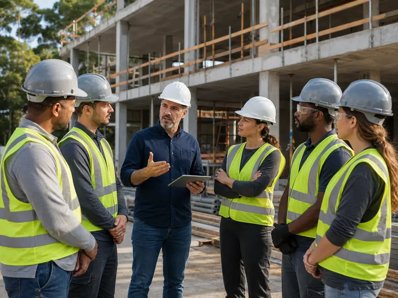 Equipe de construcao reunida para briefing de seguranca no canteiro
