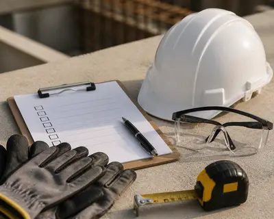 Equipamentos de seguranca e checklist de obra organizados
