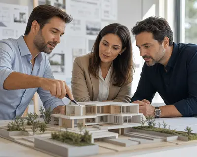 Arquiteto e engenheiro revisando maquete de projeto residencial