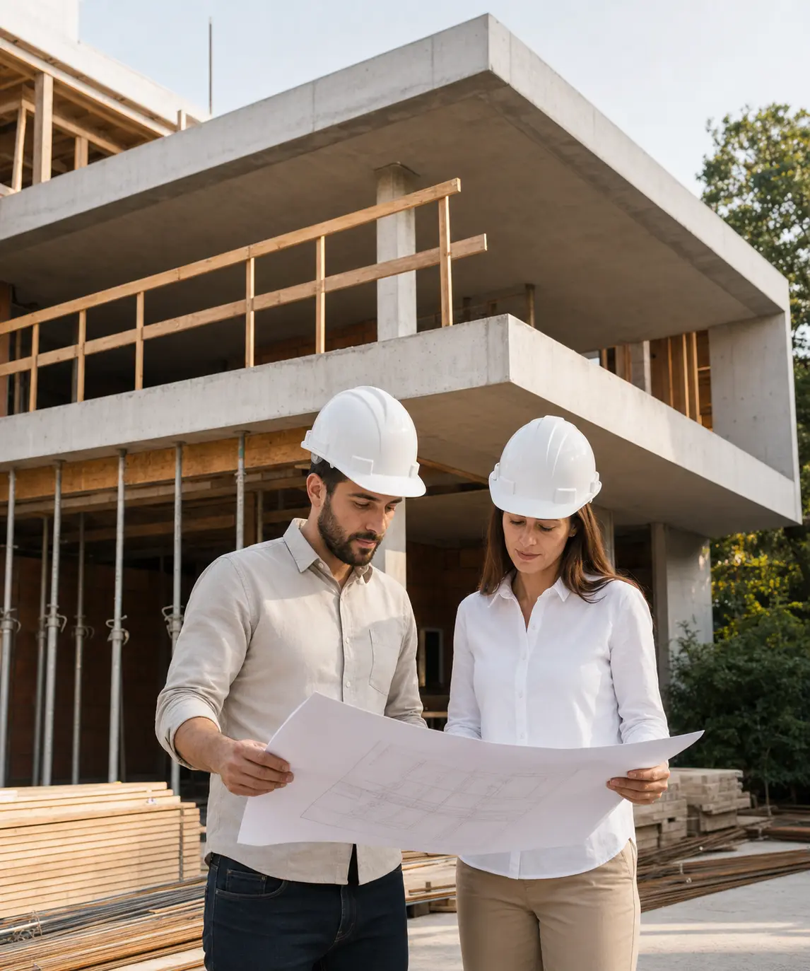 Engenheiro e arquiteta revisando projeto em obra residencial moderna