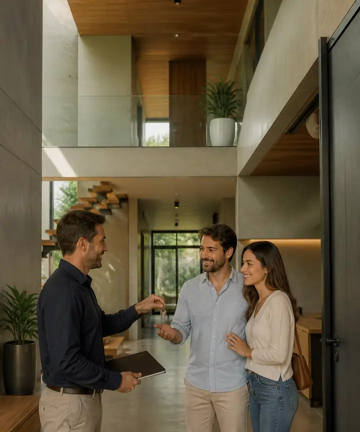 Gestor entregando projeto concluido para clientes em residencia moderna