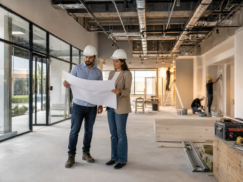 Engenheiro e empresario revisando projeto em obra comercial