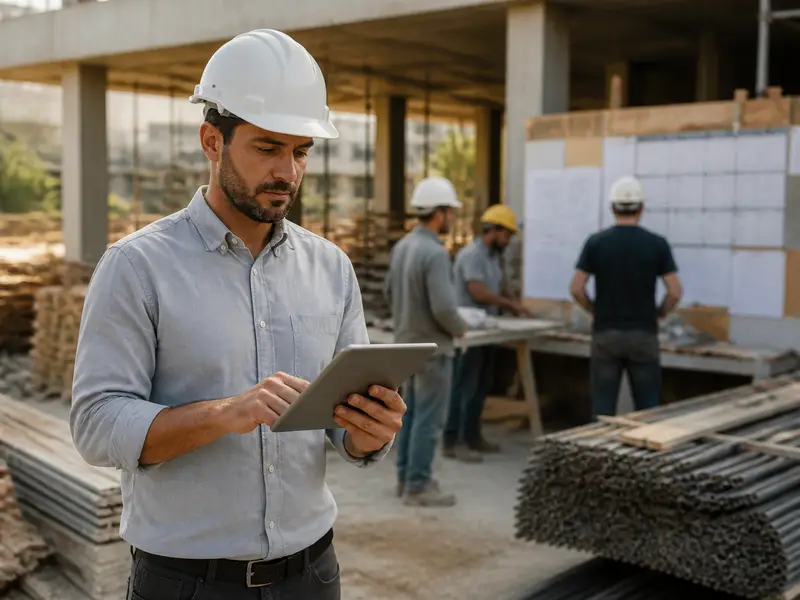 Gestor coordenando equipes e fornecedores em canteiro de obra