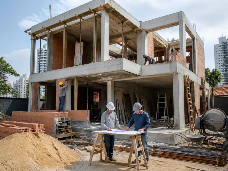Equipe construindo estrutura de casa residencial moderna